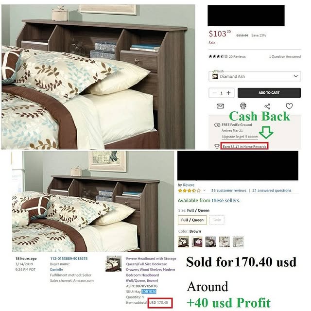 Headboard sold $170.40 — $40 profit